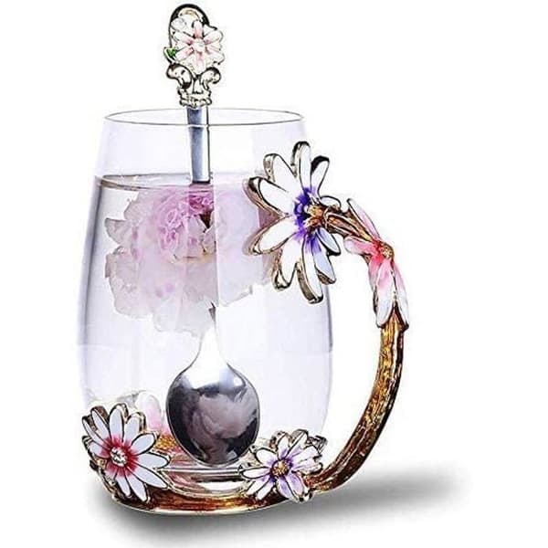 {NT}Håndlavet emalje sommerfuglblomst i glas kaffekrus med ske, valentinsdag fødselsdag julefest gaveidé - lilla