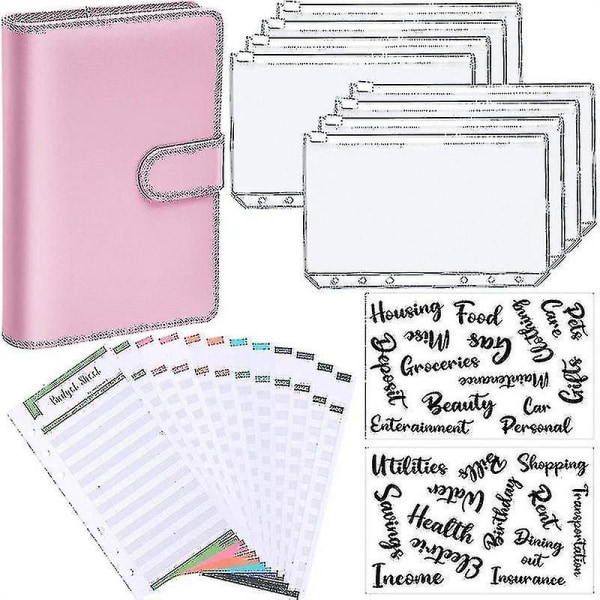 A6-pärm Budget Planner Notebook-omslag Mappstorlek 6-hålsfickor Plastdragkedja Pengsparande kuvert Pink