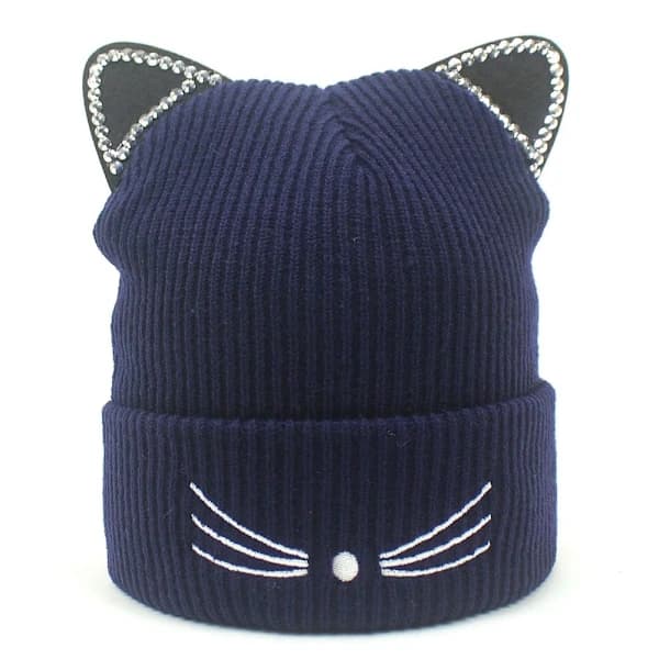 Stickad Kattmössa Varm Dam Mössa BLÅ blå
