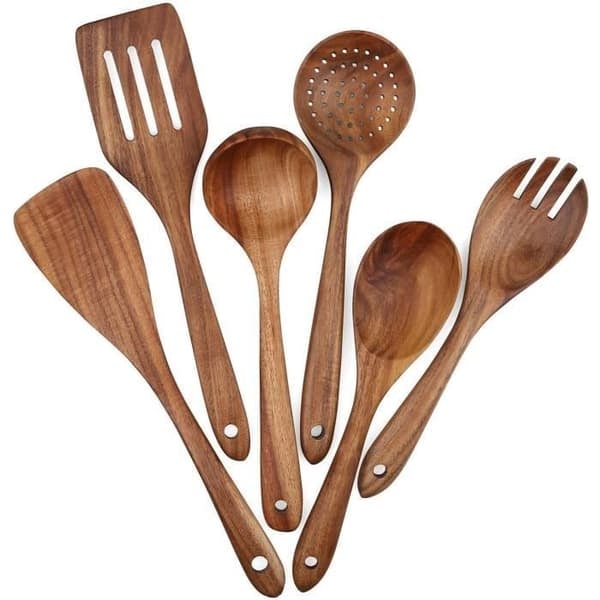 6-delars köksredskapsset i teak för non-stick kokkärl, träspatel, gaffel, stekspade, slev, pass_NN