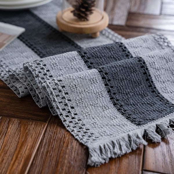 [NT] Makramee Pöytäliina Kudottu Rustiikkinen Pöytäliina Puuvilla Pellava Boho Tyyli Pöytäliina Hapsuilla Ruokapöydälle (Harmaa, 30x180cm)