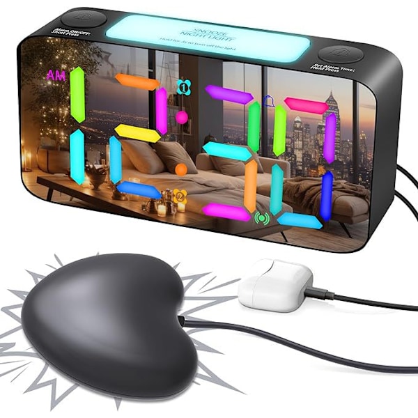 Superhög väckarklocka för djupsömnare, digital klocka med 7-färgs nattlampa, justerbar volym, dimmer, USB-laddare, små klockor för sovrum