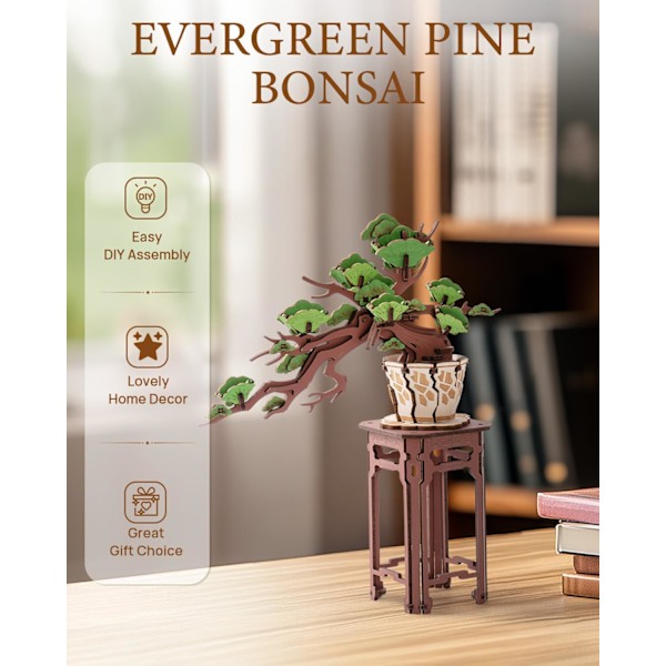 DIY Miniatyrhuskit Växthus+3D Träpussel, Alla hjärtans dag present, Tall Bonsai Green Pine