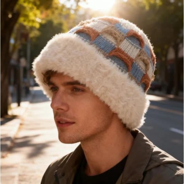 Varm stickad vintermössa - med fleecefoder - Unisex - Lämplig för kallt väder (beige)