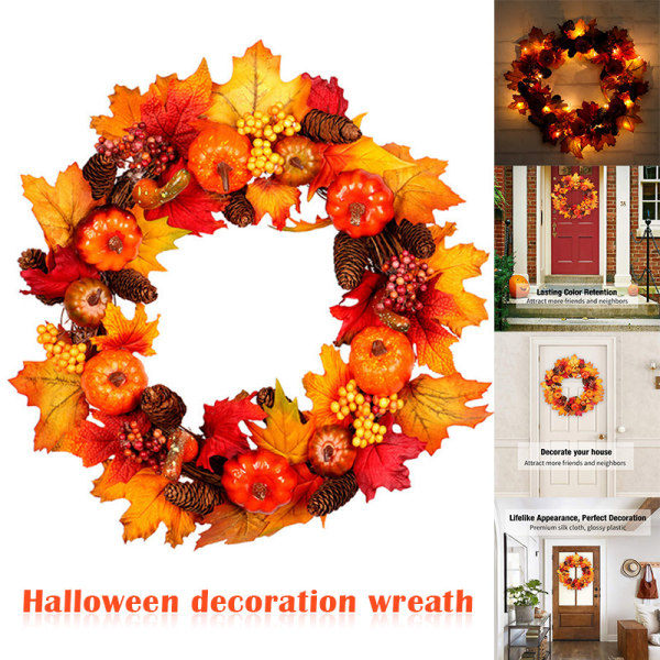 [NT] Höstkrans 17 tums ytterdörrskrans julkrans med löv och röd bärkrans för höstens Halloween Garland With Lights