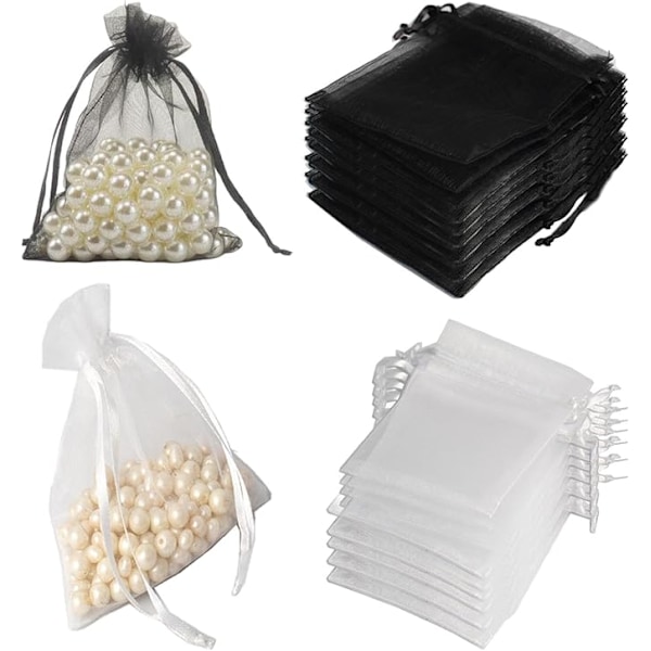 100 st Organzabägare, 7x9cm 2 Färger Presentpåsar Organzabägare, Smyckespåse Lavendelsäckar för Godis Favoriter Bröllopsgåvor (FÄRG: Vit+Svart)