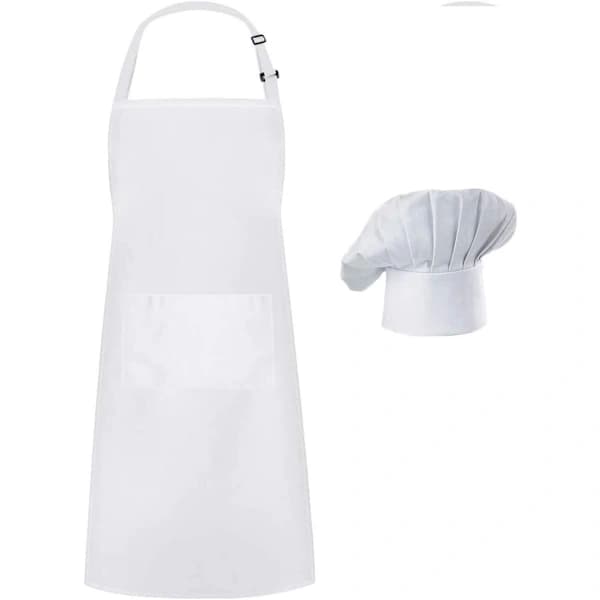 Apron and Hat Set - Adjustable Chef Hat and Apron - Unisex Bakery Clothes (White)