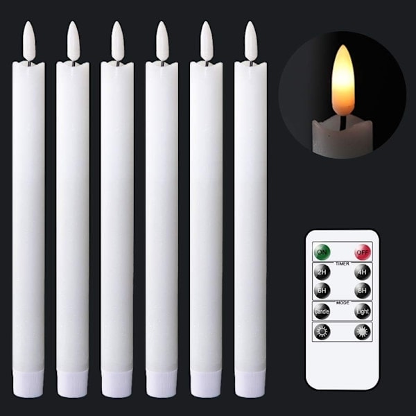 Flammeløse Hvide Koniske Lys med Flimmer og 10-knaps Fjernbetjening, Batteridrevne LED Varme 3D-væger Lys Vindueslampe Ægte Voks 6-pak Hvid white/NT/