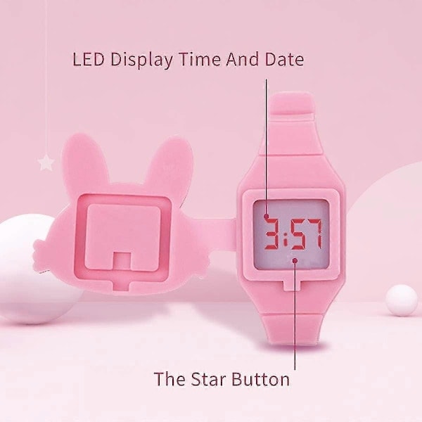 Børneur, pigeur Digital Sød Form LED Mode Silikonearmbånd Clamshell Design Armbåndsur Pige 01-Pink_ NN