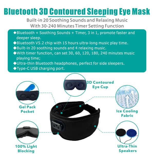 3D Sömnmask Bluetooth Sovhörlurar Svart