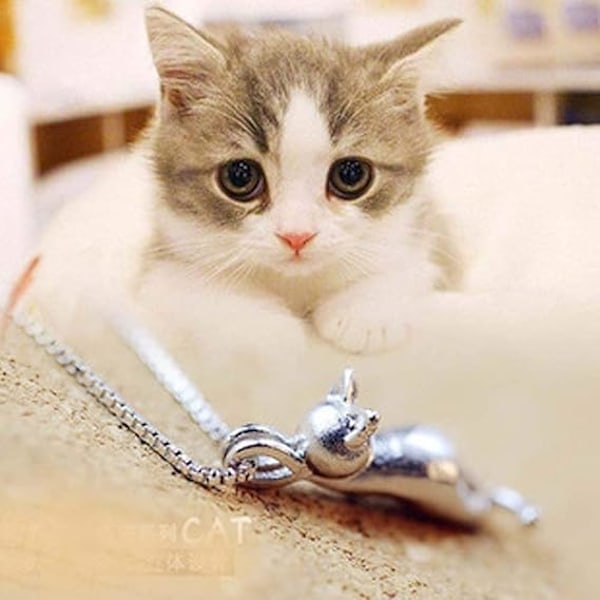 [NT] Kollektion Dam 925 Sterling Silver 3D Söt Kattälskare Matt Yta/Slät Hänge Halsband