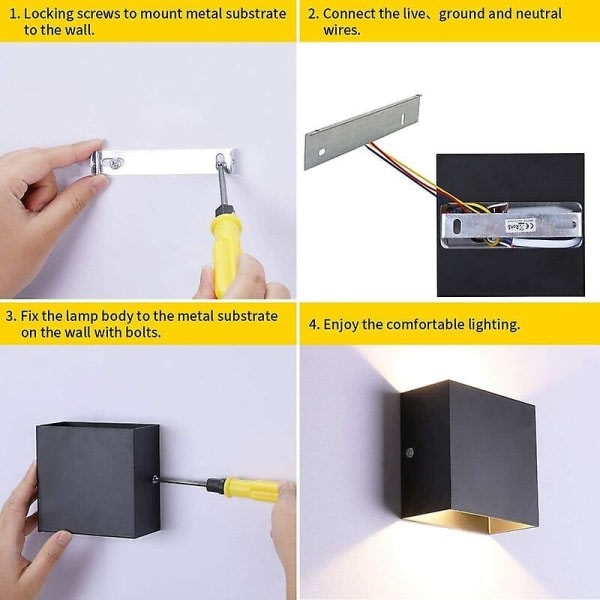 2-pak Led væglampe indendørs op og ned væglampe sort væglampe Moderne 6w aluminiumsbelysning til stue soveværelse badeværelse køkken, varm hvid [ener]
