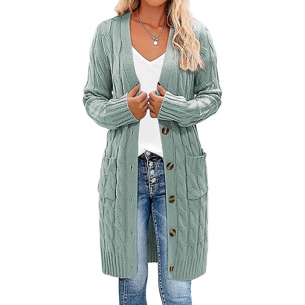 Dame Langærmet Kabelstrikket Lang Cardigan Åben Front Trøje med Knapper Overtøj grøn M