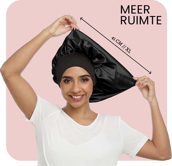 XL Satin-nattehætte til at sove med, ekstra stor sovehætte med silkefølelse og elastikbånd til krøllet, afro og langt hår, sort, 2-pak til kvinder