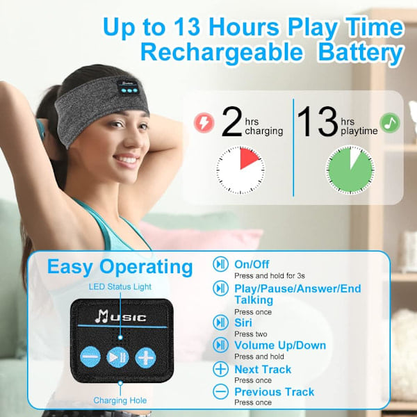 [NT] Sport-hovedtelefoner med pandebånd, trådløse Bluetooth-sovehovedtelefoner med ultratynde HD-stereohøjttalere, velegnede til sport/yoga/fitness, grå