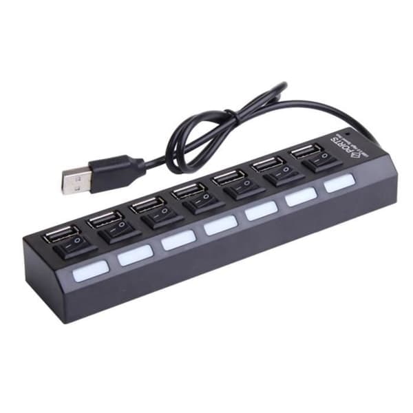 {NT}Driven USB-hubb, 7-portars USB 2.0-hubb plus portar med på/av-brytare - Strömadapterhubb