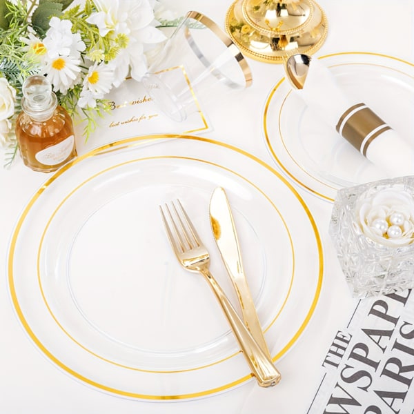 7-delars set (70 delar) genomskinliga guldplasttallrikar - Guldplastbestickset (YJD) Clear And Golden