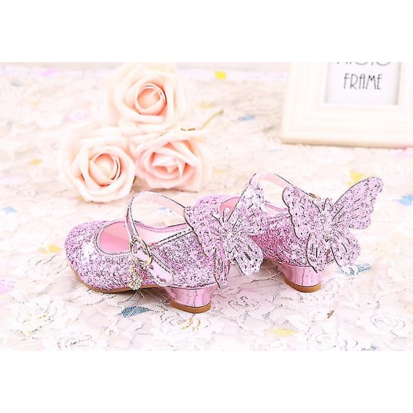 Barn Läderskor För Flickor Prinsessan Glitter Barn Högklackat Flickskor Butterfly 25 Pink