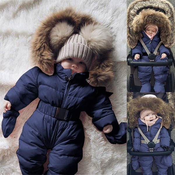 Unisex jumpsuit med huva för baby för 0-24 månader Pojkar Flickor Jumpsuit Romper med pälskrage Dark Blue 90cm