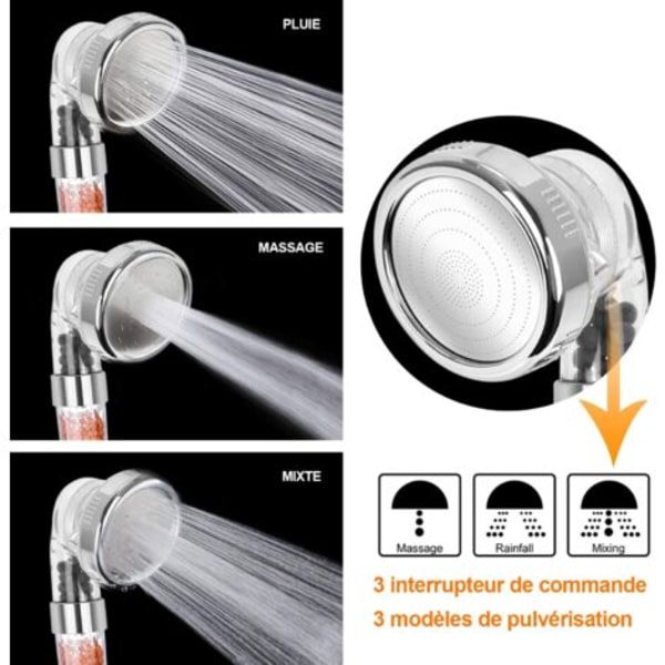 Duschhuvud, anti-kalk duschhuvud, vattenbesparande högtrycks tre-stegs filter, jonfiltersystem med utbytbart PP bomullsfilter/NC/