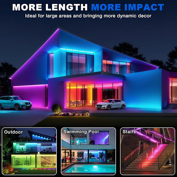 [NT] 50FT LED-ljusslingor, RGB neonrep, IP67 vattentät för utomhusbruk, med APP-kontroll/IR-fjärrkontroll, klippbar, för sovrum, spelrum