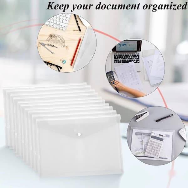 Waterproof Folder - Plastic Envelopes - 12 Pack - Transparent A4 Letter Size - with Snap Closure - Suitable for Schools and Offices.