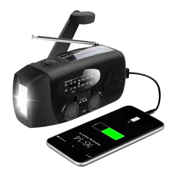 Håndsvingradio med solceller / lommelygte - 2000mAh Powerbank Sort