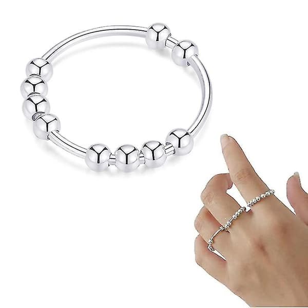 925 Sterling Sølv Anti-angstring for kvinner og menn Fidget Rings for angst Angstring med perler Spinner Ring（12）