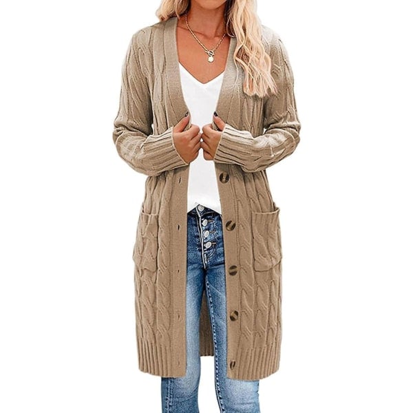 Dame Langærmet Kabelstrikket Lang Cardigan Åben Front Trøje med Knapper Overtøj Sort 2XL