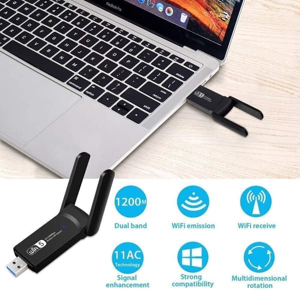 USB Wi-Fi-adapter 1200 Mbps, USB 3.0 Dobbelbånd 2.4G/5 GHz - Windows/Mac/Linux