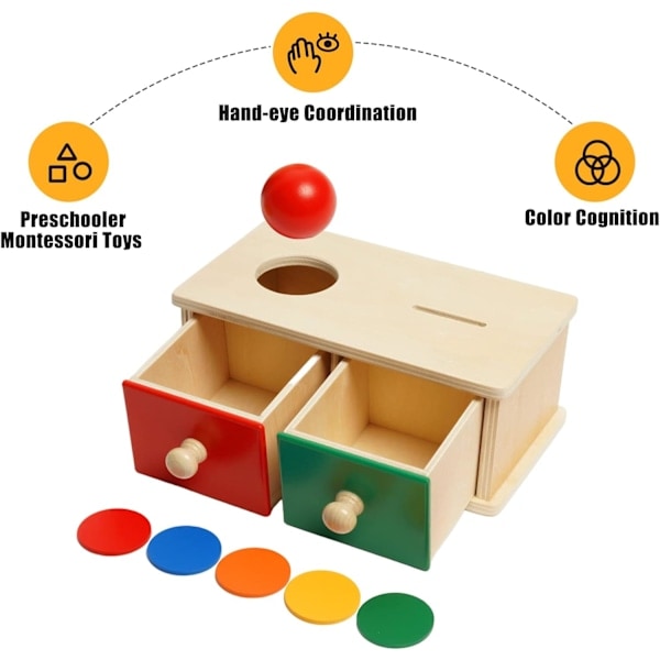 [NT] 2-in-1 Montessori Puinen Yhdistämislaatikko Kolikoilla ja Pallolla, 2 Laatikkoa - Puinen Kolikkolaatikko 5 Kolikolla ja Pysyvyyslaatikko 1 Pallolla