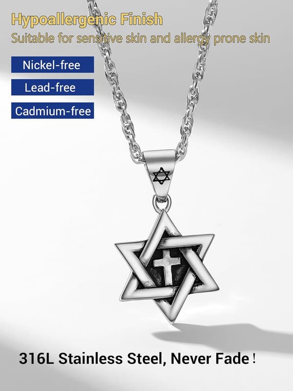 Davidsstjerne-vedhæng, rustfrit stål, lang halskæde, egnet til fritid/fester/begivenheder Silver Cross