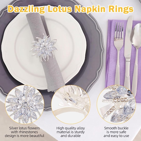 6 stk. Lotusblomst Serviettholder Rhinestone Serviettring Serviett