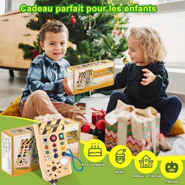 Busy Board Montessori - Trä - Med LED-brytare - Sensorisk utveckling - Pedagogisk leksak - 24 månader+_NN