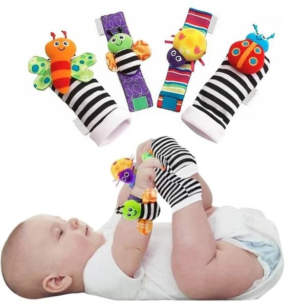 Sensoriska babyleksaker, strumpor och handledsskallror, Lamaze skallra set, nyföddspresent, 4 st A