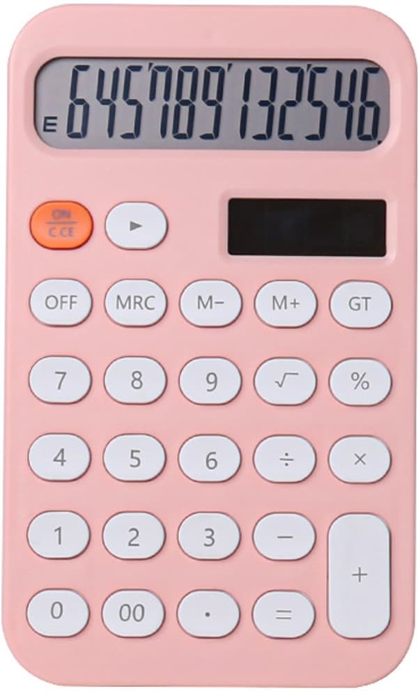 Lille Bærbar Studenterlommeregner - Farverig Lommeregner - Med 12 Cifret Stort Display - Pink