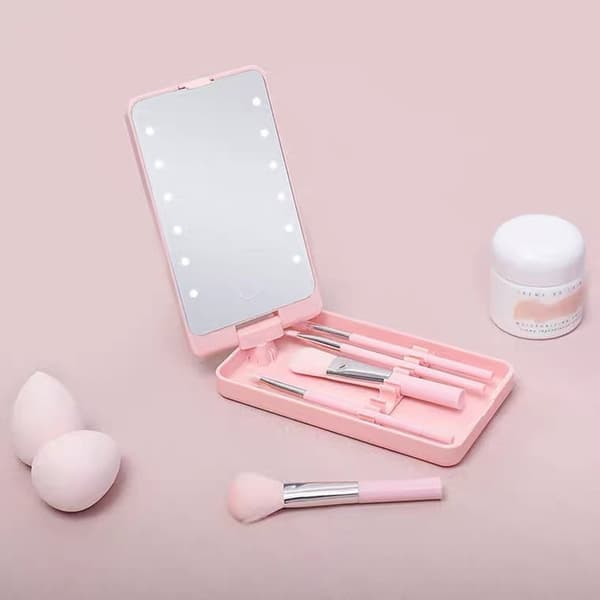 Makeup Brush Set 5 pcs Brushes Rechargeable LED Light Mirror Rosa pink