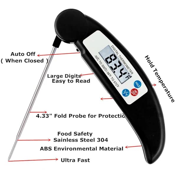 Elektronisk madlavningstermometer med timer, multifunktionel grilltermometer, sort