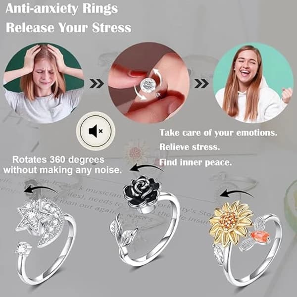 Fidgetringe til kvinder, spinnerring mod angst, justerbart CZ solsikke sommerfugl rose stjerne måne stressreducerende åbne ringsæt
