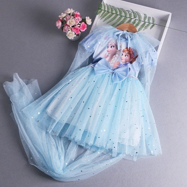 Frozen tryckt prinsessklänning födelsedagsklänning liten flickklänning - Perfekt blå bule 110cm/NT/