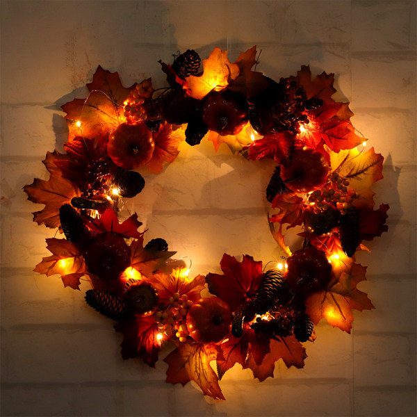 [NT] Höstkrans 17 tums ytterdörrskrans julkrans med löv och röd bärkrans för höstens Halloween Garland With Lights