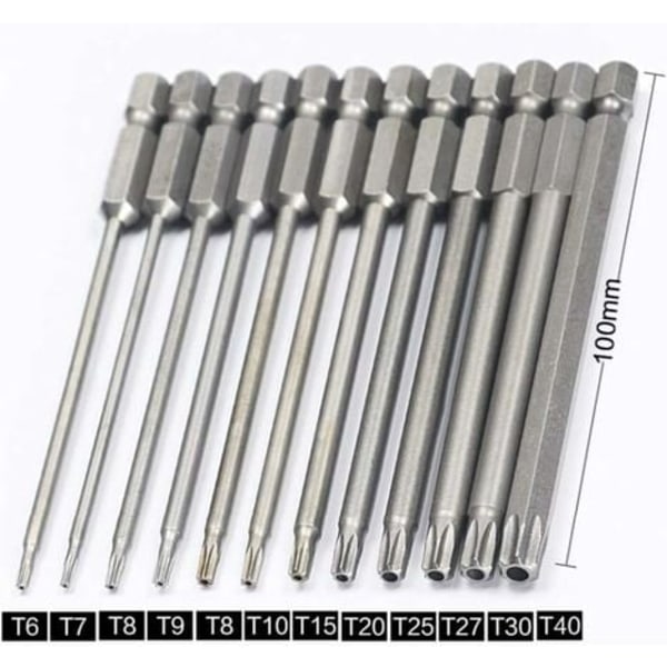 11-osainen pitkä Torx-ruuvimeisselikärkisarja - Magneettiset kärjet - 1/4\" kuusiovarsi - Koot T6 - T40 - 100 mm pituus/NC/