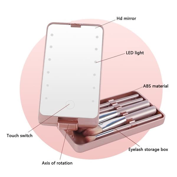Makeup Brush Set 5 pcs Brushes Rechargeable LED Light Mirror Rosa pink