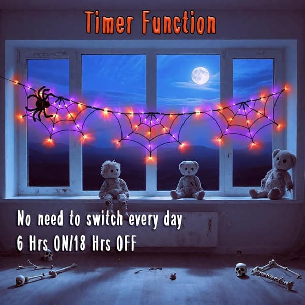 Halloween Spindelsvæv 1,8 m med 60 LED - Batteri/USB Timer 8 Lystilstande