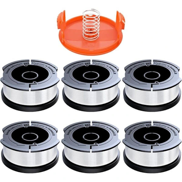 Black & Decker Trimmer Replacement Spools - 6 Pieces with 1.65mm Line, 10m Each, Includes Extra Spring & Cap