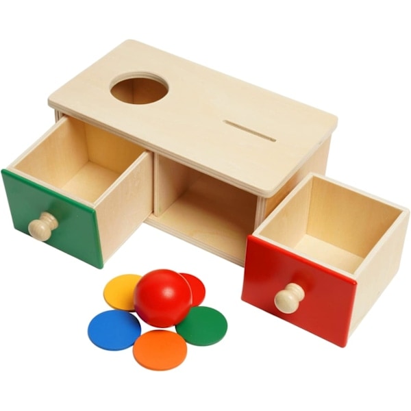 [NT] 2-in-1 Montessori Puinen Yhdistämislaatikko Kolikoilla ja Pallolla, 2 Laatikkoa - Puinen Kolikkolaatikko 5 Kolikolla ja Pysyvyyslaatikko 1 Pallolla