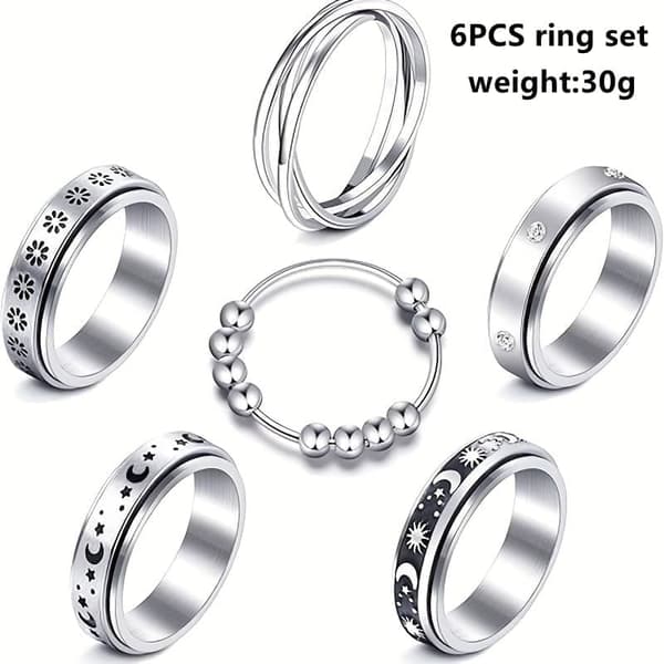 6-pak Stressring - Roterbar Antistressring, Roterende Måne og Stjerne, Angstring, Fidgetring til Unisex Size 6