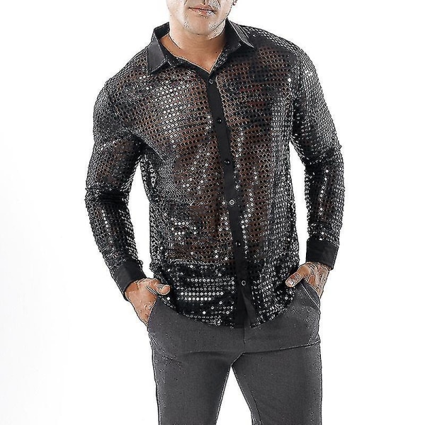Blanktopp i mesh med paljetter för män, 60-tals 70-talsdiskodansskjorta XL black