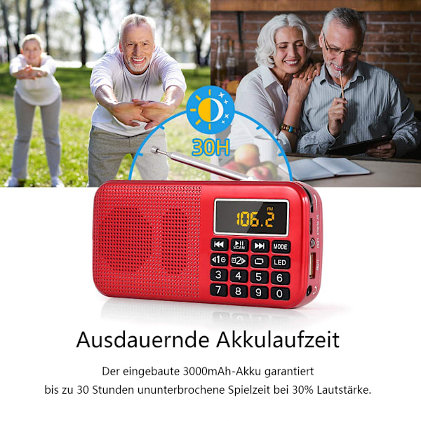 FM VHF-radio liten, bärbar radio, väckarklocka, batteridriven radio med 3000 mAh uppladdningsbart batteri, USB/SD/TF/AUX-spelare, digital radio med