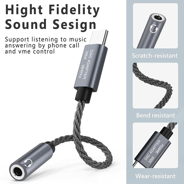 32bit / 384kHz USB-C til 3,5 mm lydadapterkabel DAC-adapter Grå